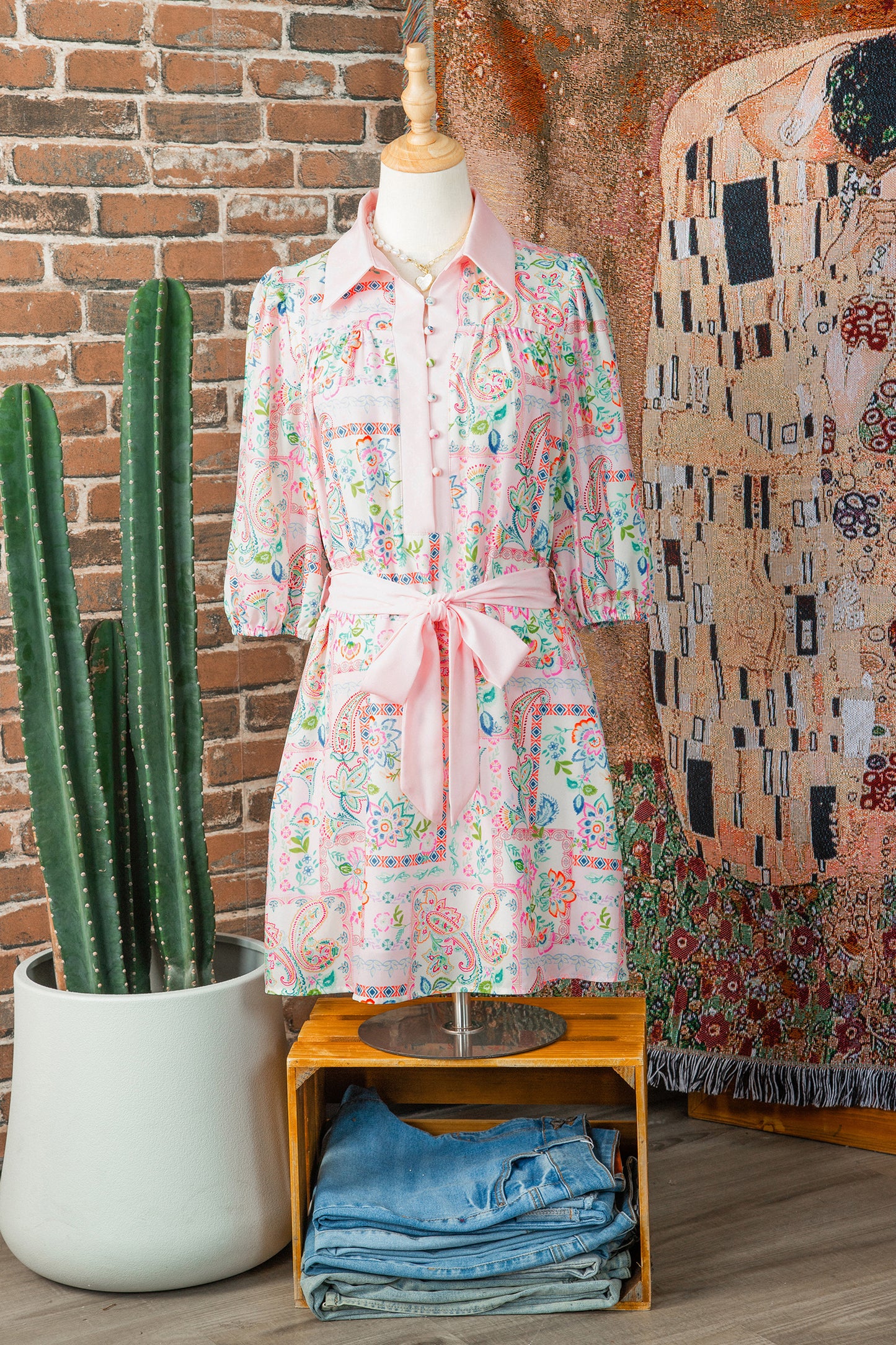 Naihla Boho Color Block Trim Half Button Belted Dress