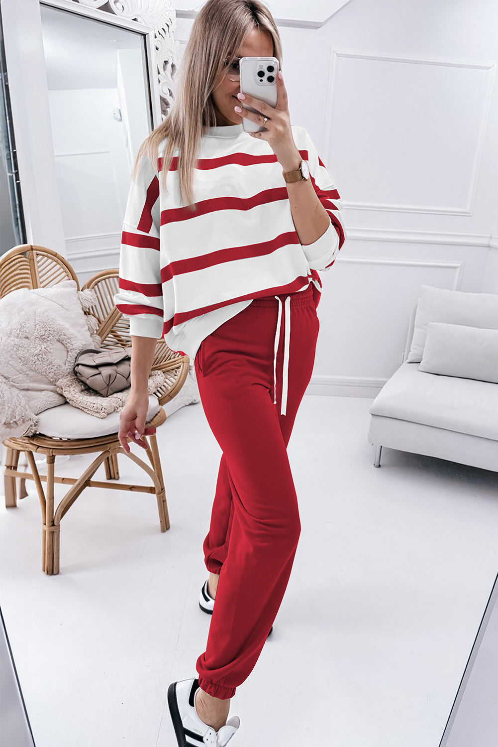 Zina Striped Drop Shoulder Pullover and Jogger Pants Set
