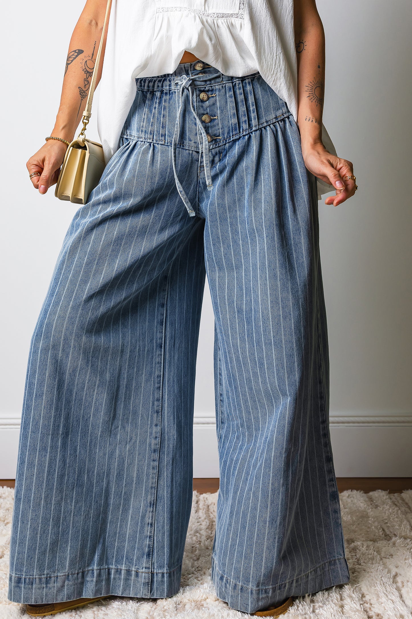 Rahma Flow Stripe Pleated Drawstring Jeans