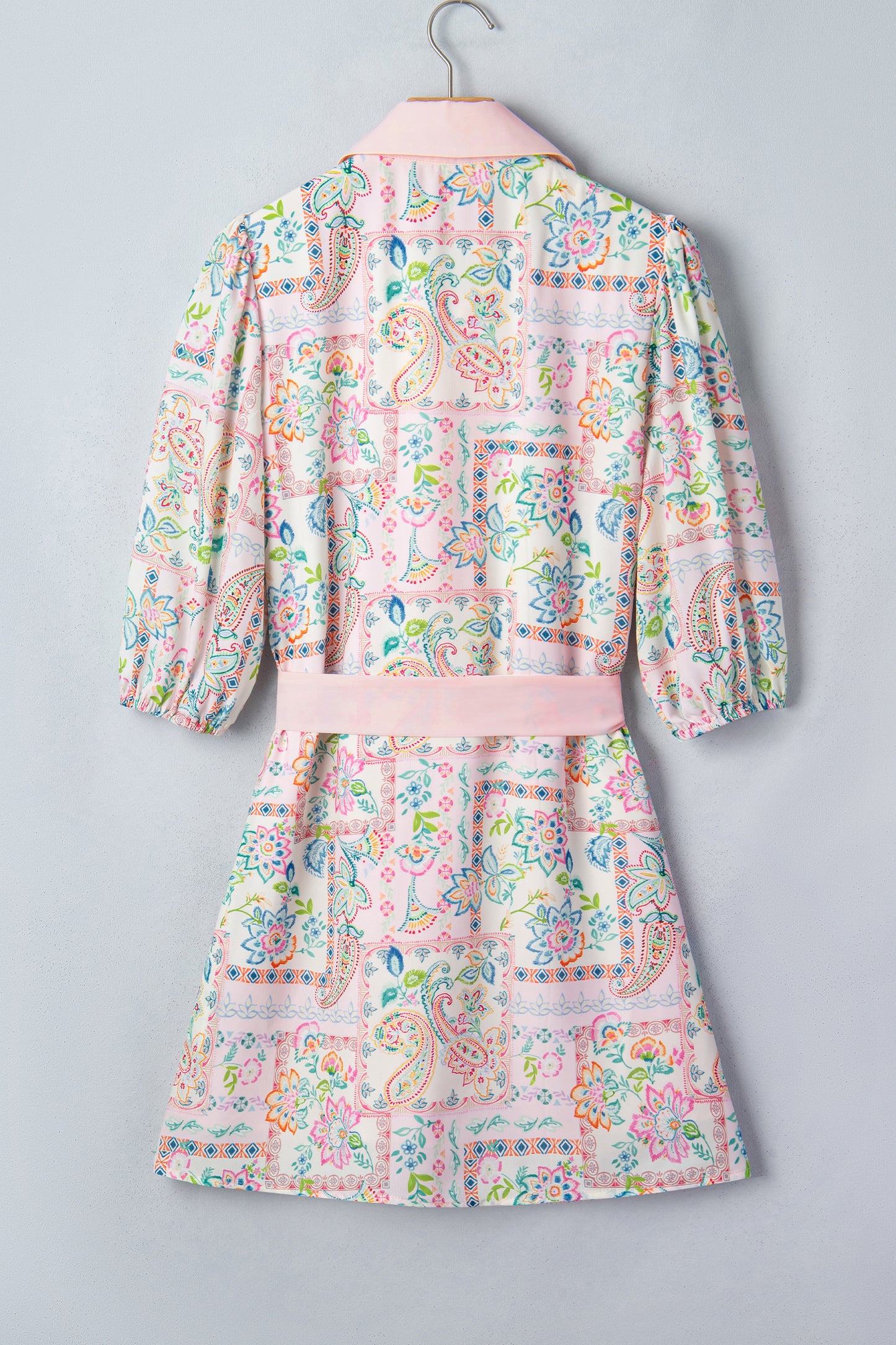 Naihla Boho Color Block Trim Half Button Belted Dress