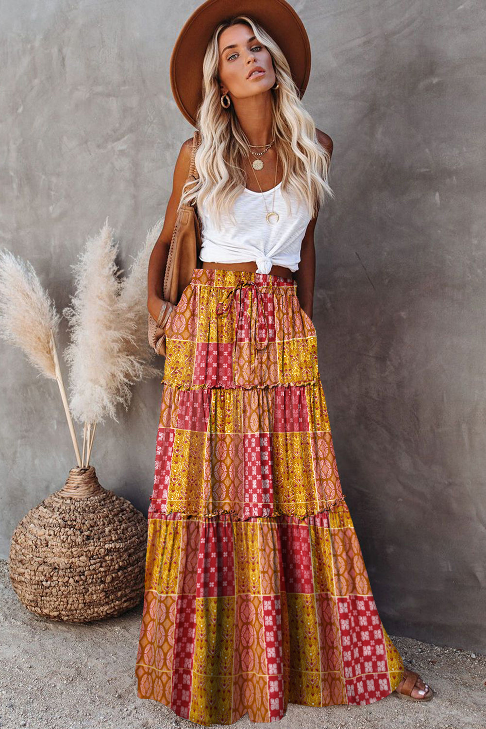 Zahra Tiered Paisley Print Pocketed Maxi Skirt
