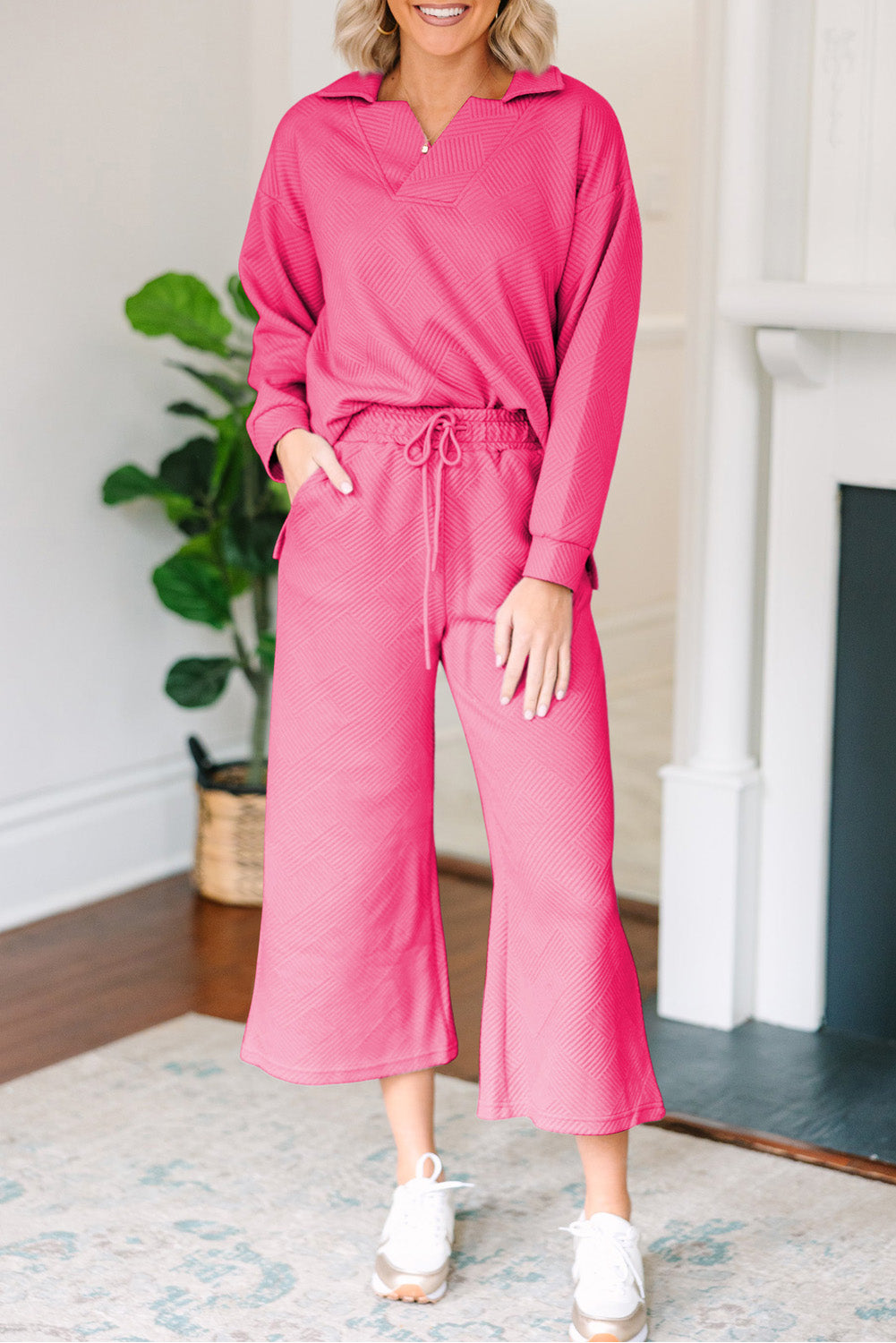 Zainab Textured Collared V Neck Top and Wide Leg Pants Set