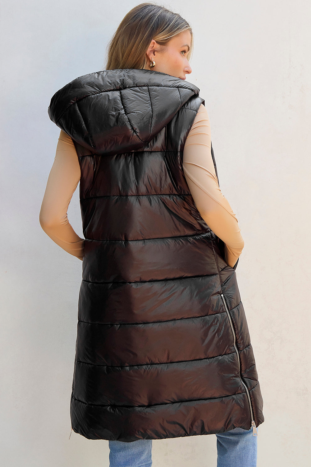 Khadija Hooded Long Quilted Vest Coat