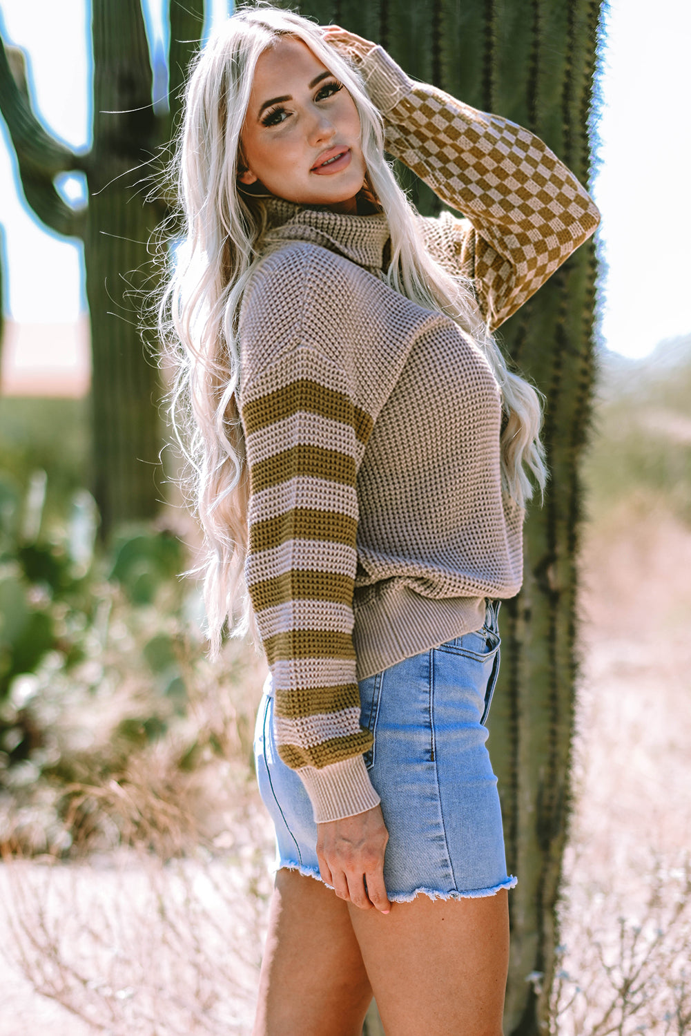 Naylah Striped Patchwork Knit Turtleneck