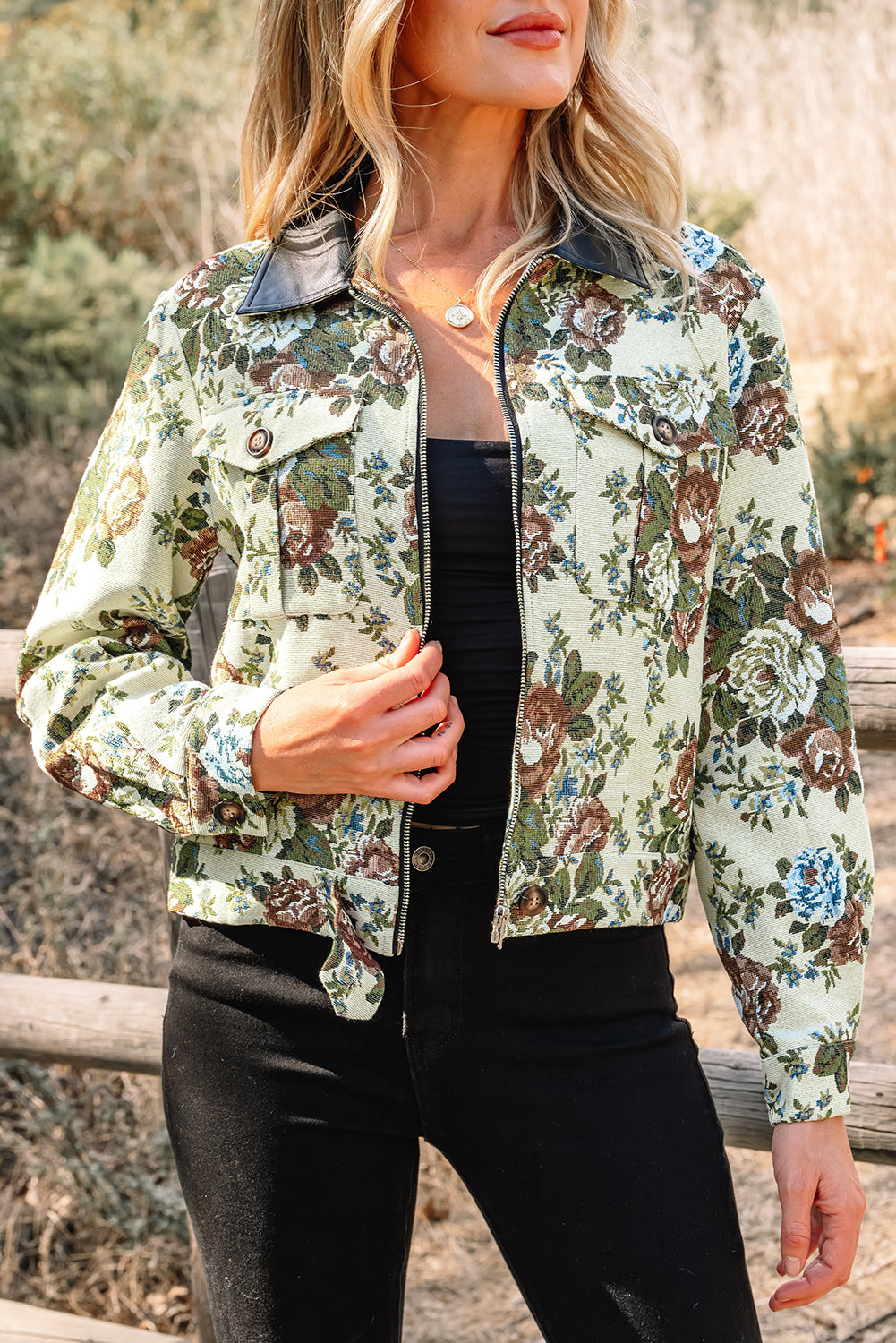 Zhaina Floral Print Zip Up Contrast Collared Jacket