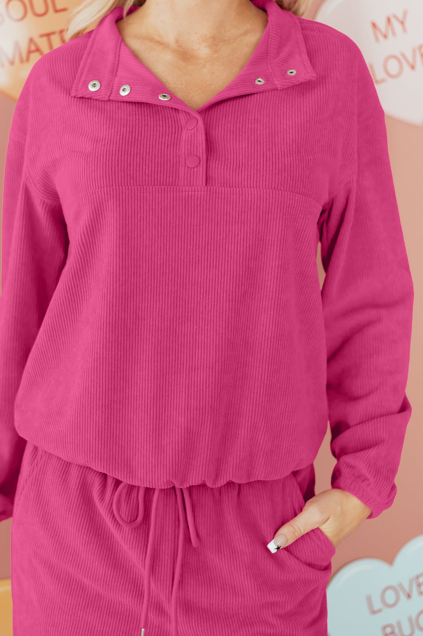 Maryam Half Button Pullover Drawstring Pants Solid Color Corduroy 2pcs Outfit