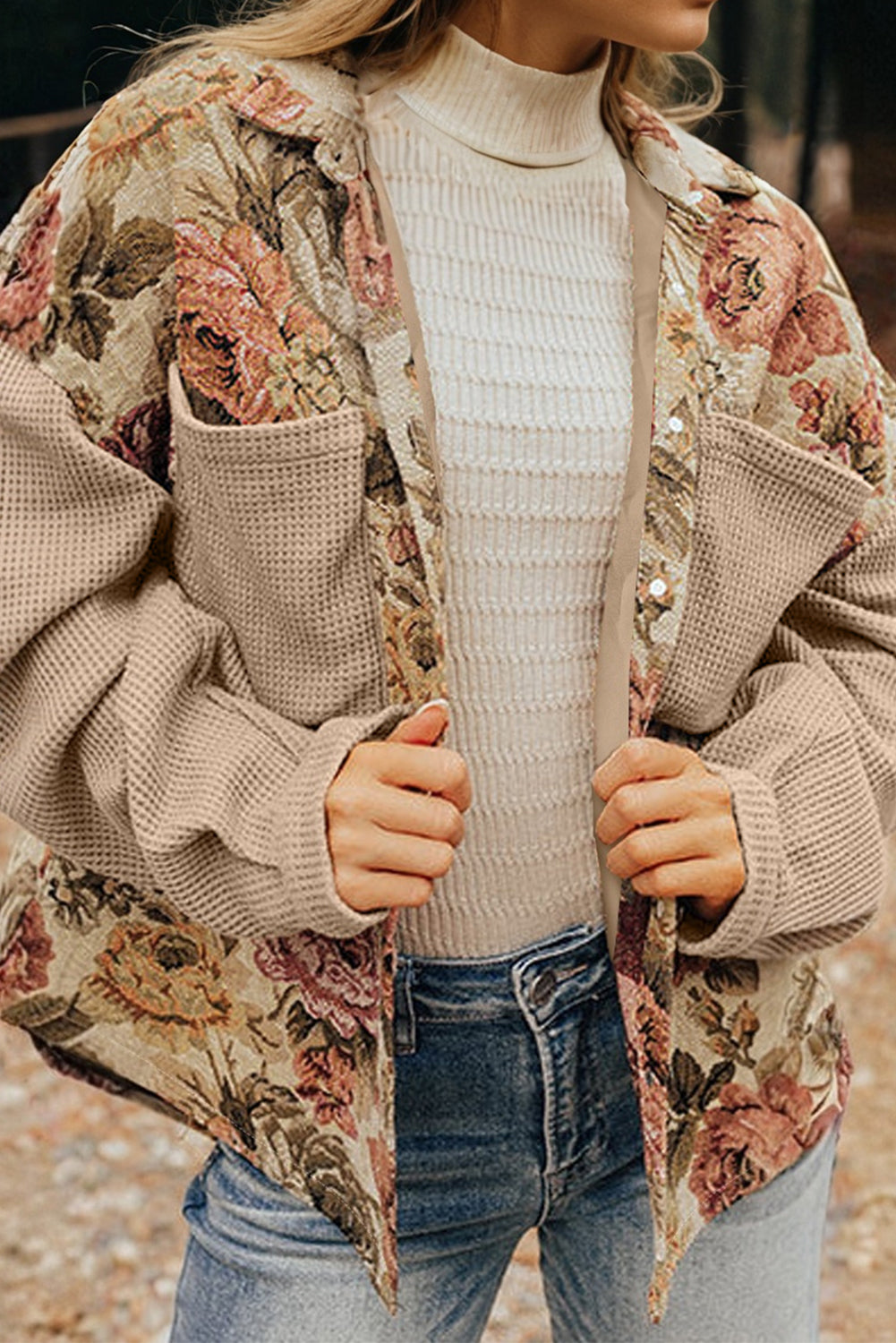 Firoza Waffle Knit Patchwork Buttoned Jacket
