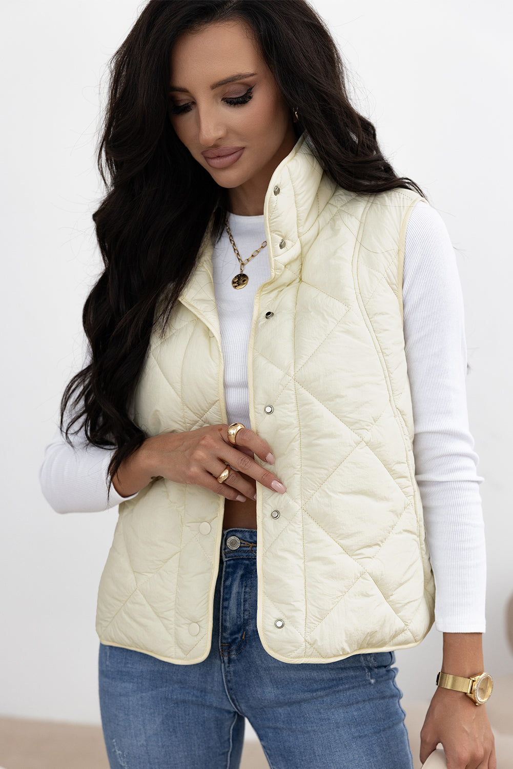 Zarina Quilted High Neck Button Up Vest Coat