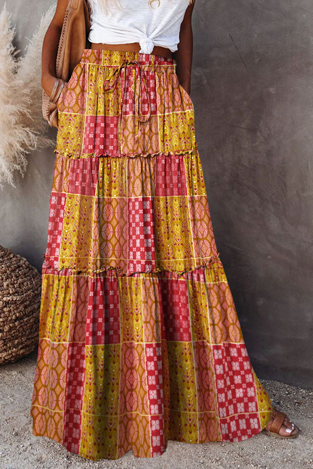 Zahra Tiered Paisley Print Pocketed Maxi Skirt