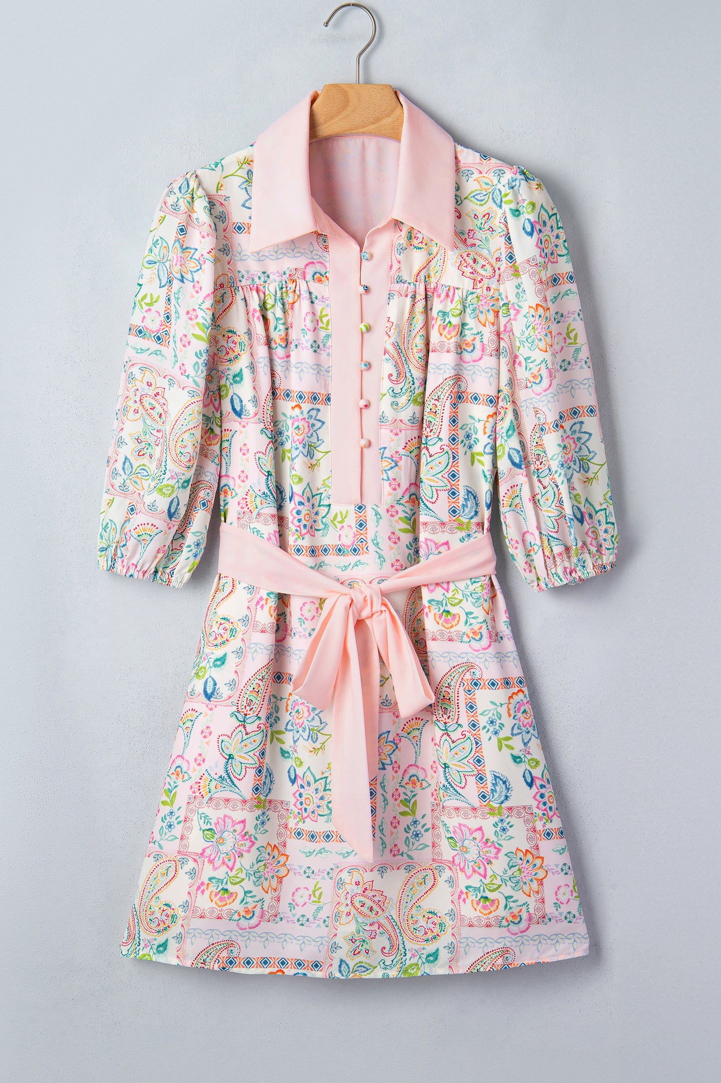 Naihla Boho Color Block Trim Half Button Belted Dress