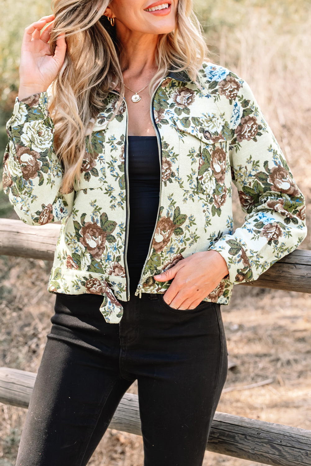 Zhaina Floral Print Zip Up Contrast Collared Jacket