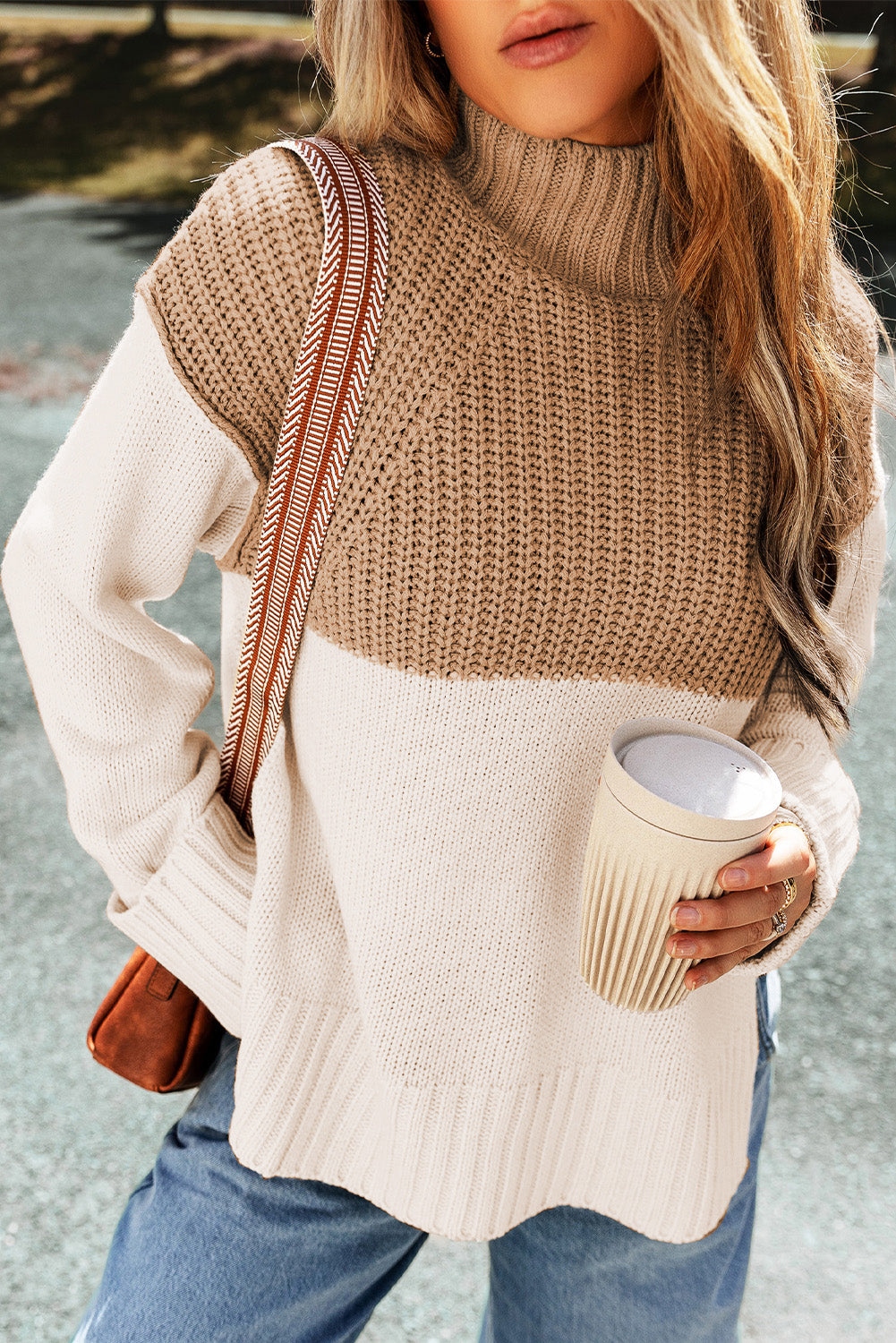 Zahra Cable Knit Color Block Side Splits High Neck Sweater