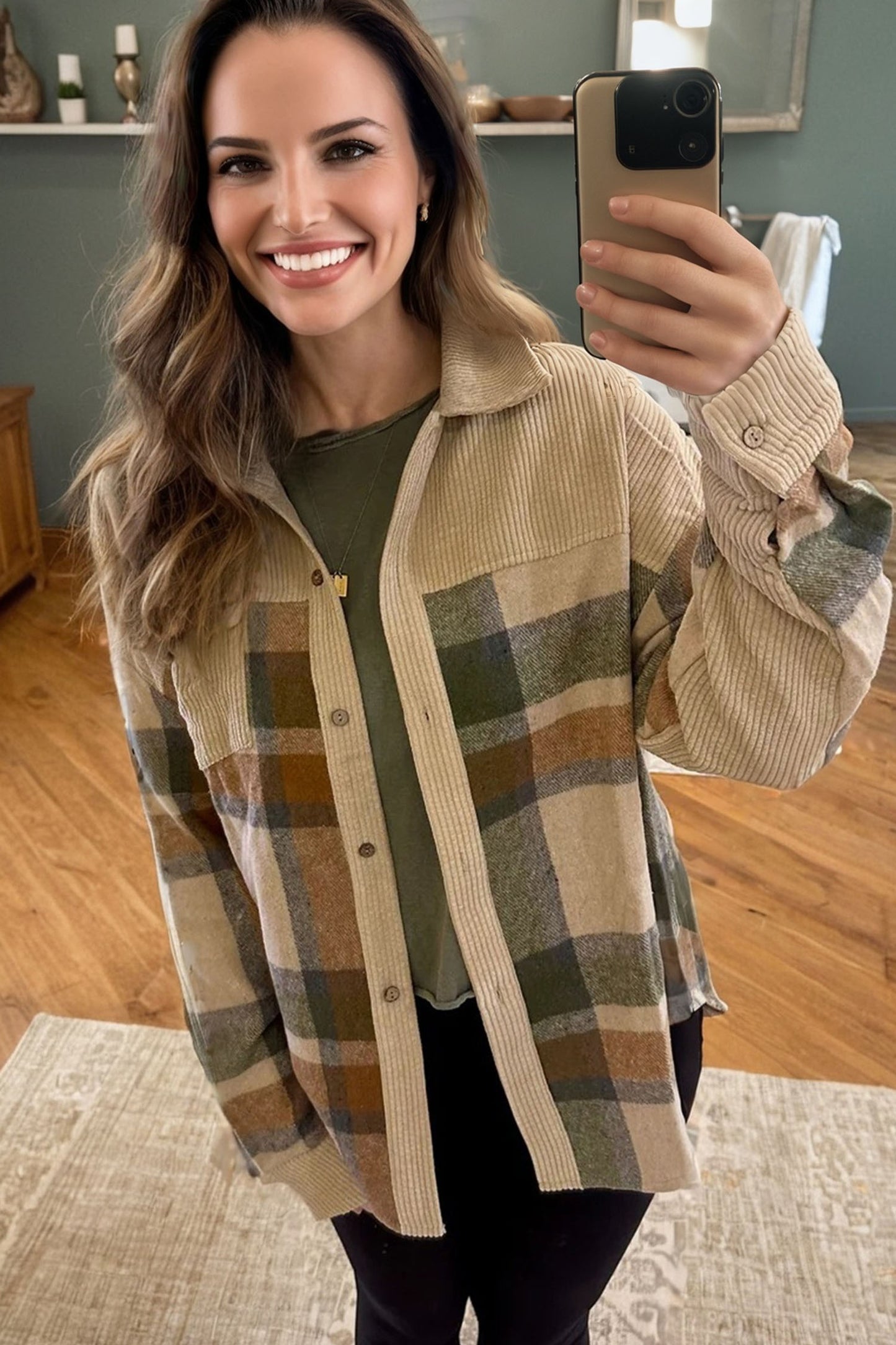 Fatima Retro Plaid Corduroy Patchwork Shacket