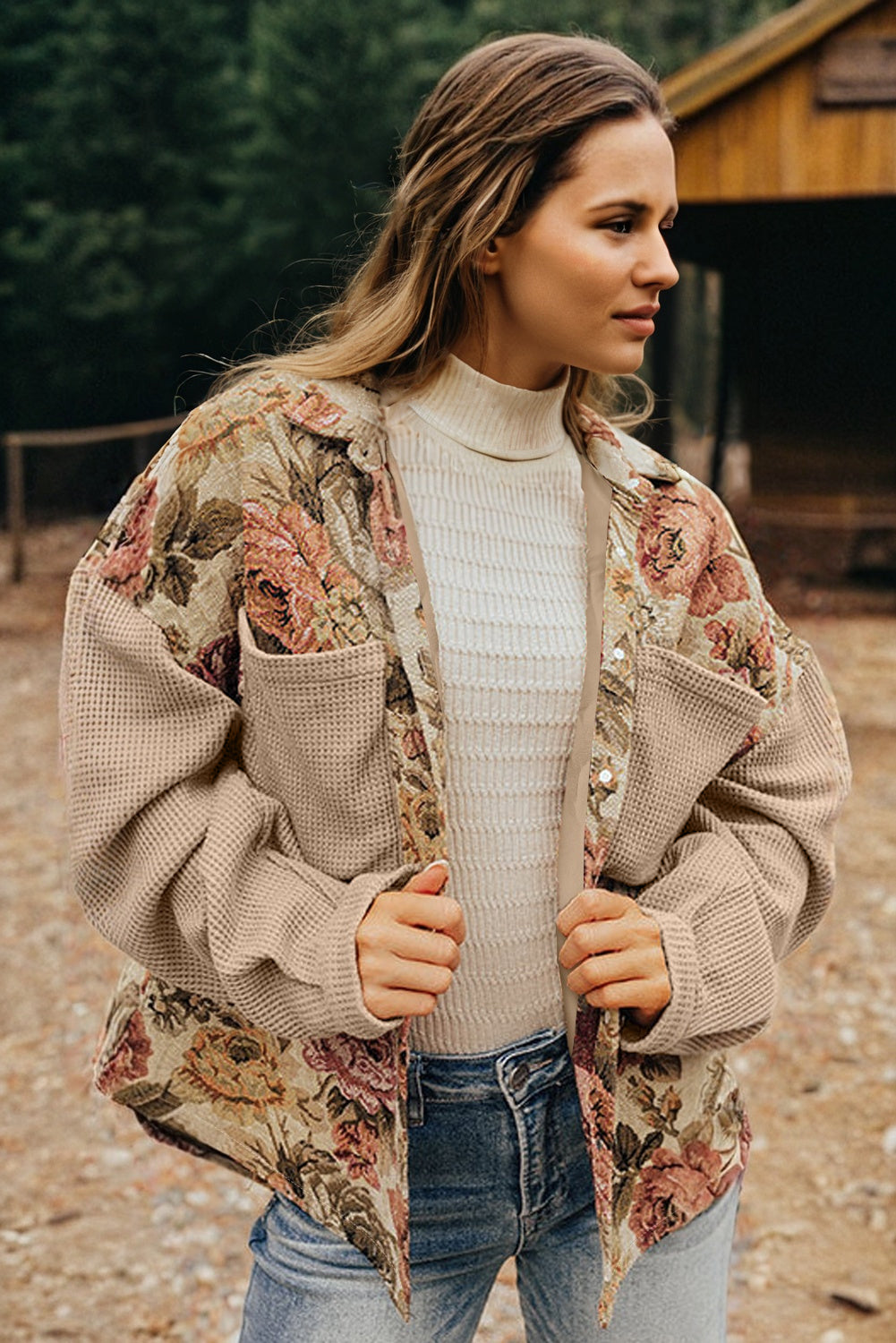Firoza Waffle Knit Patchwork Buttoned Jacket