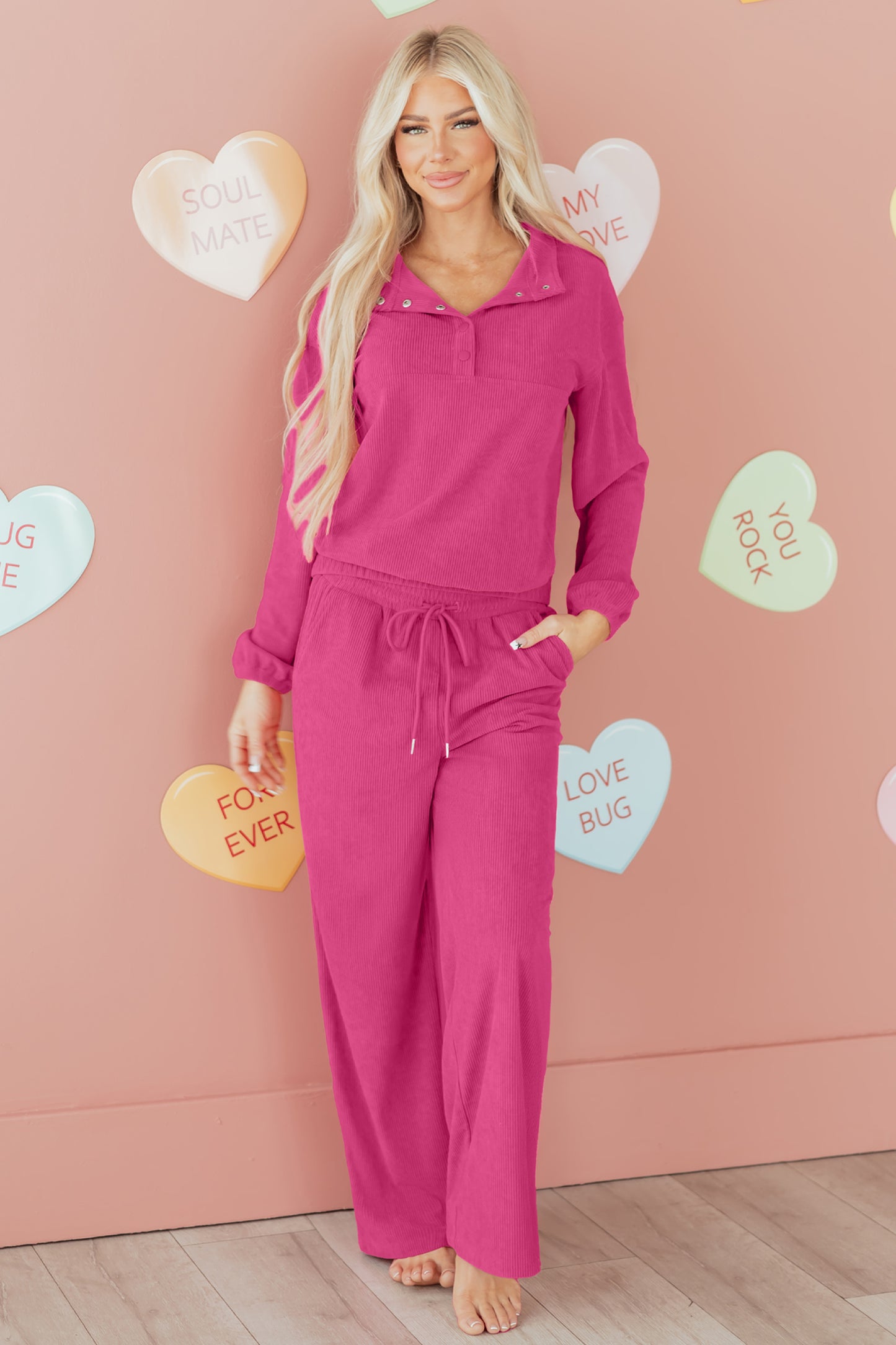 Maryam Half Button Pullover Drawstring Pants Solid Color Corduroy 2pcs Outfit