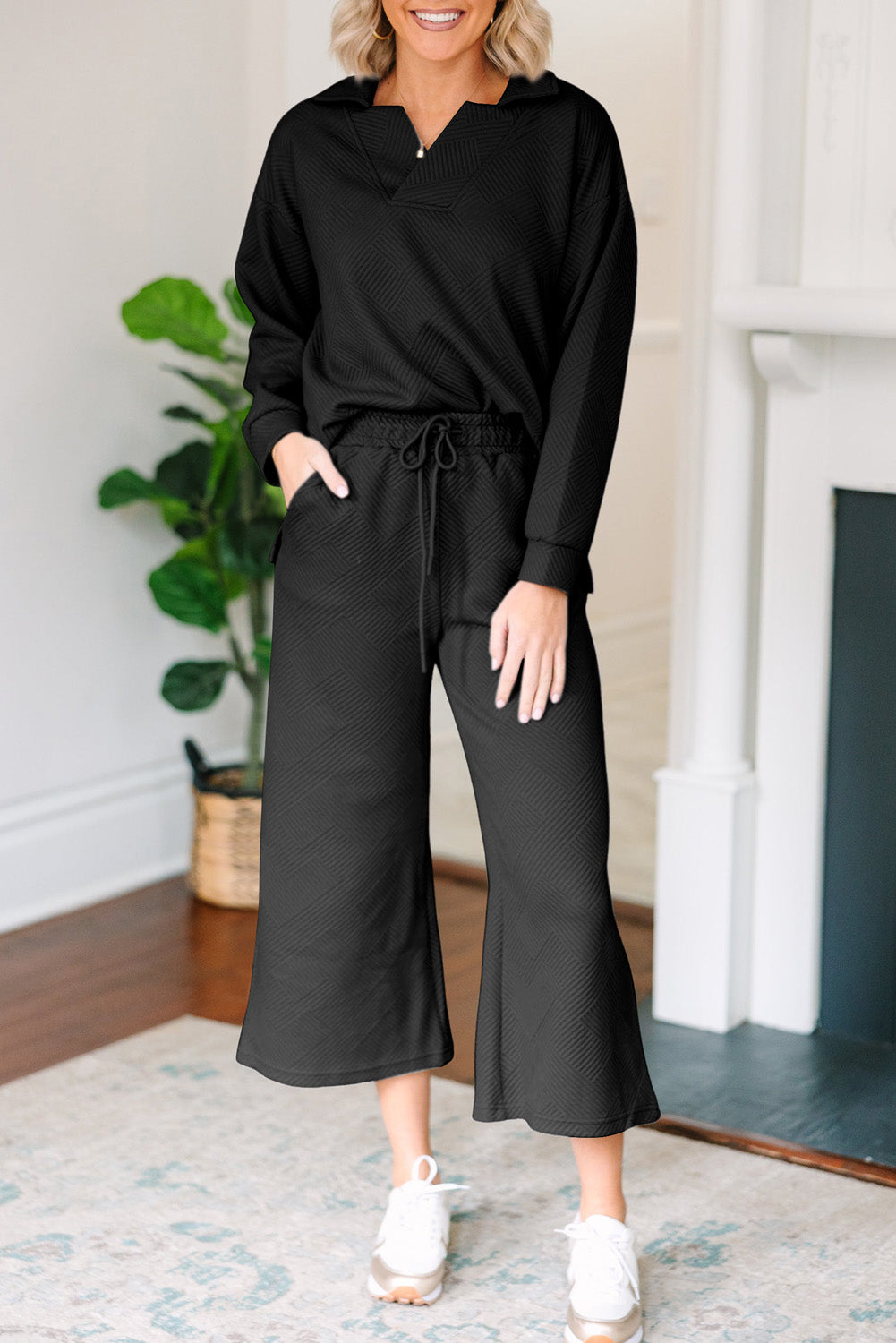Zainab Textured Collared V Neck Top and Wide Leg Pants Set