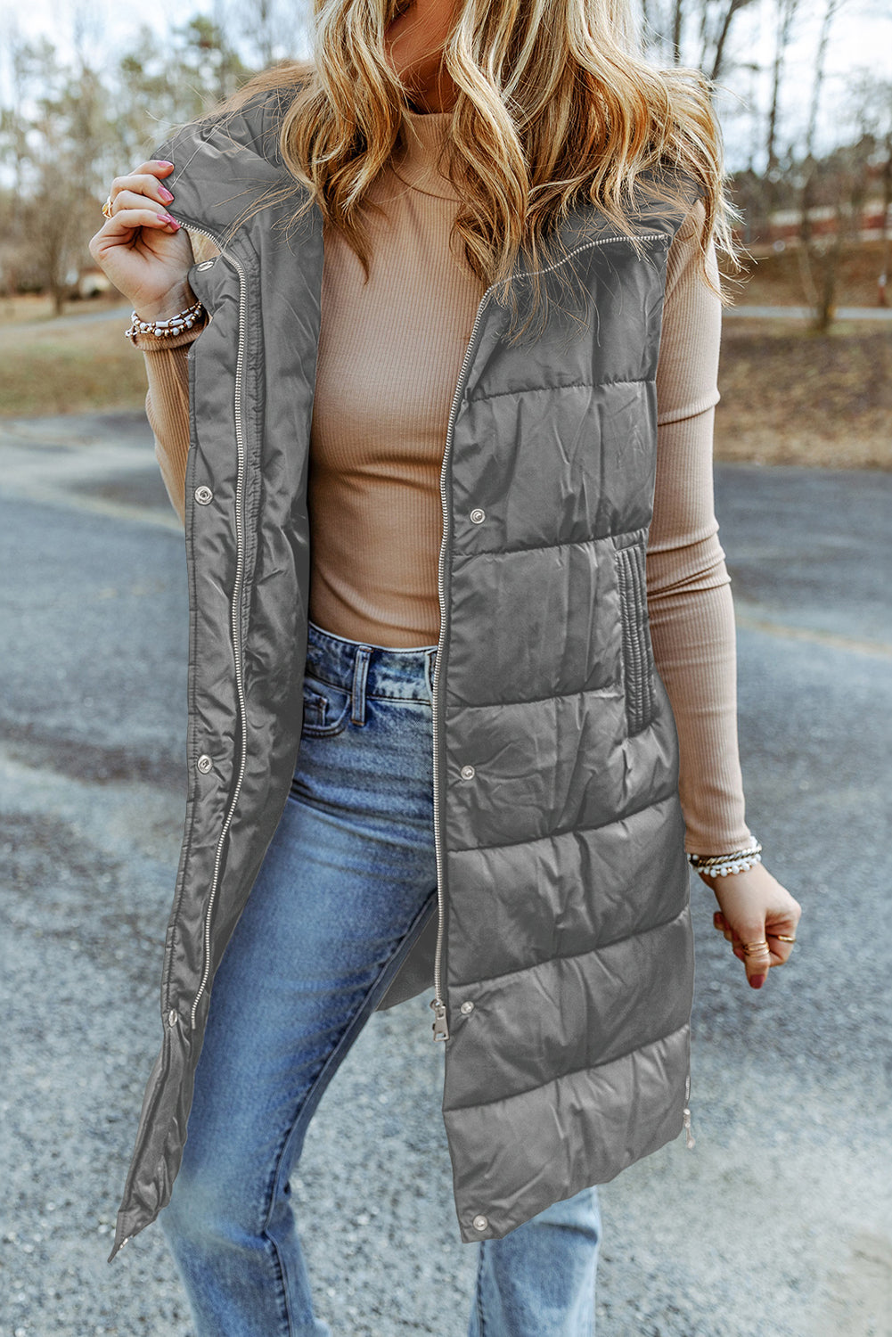 Khadija Hooded Long Quilted Vest Coat