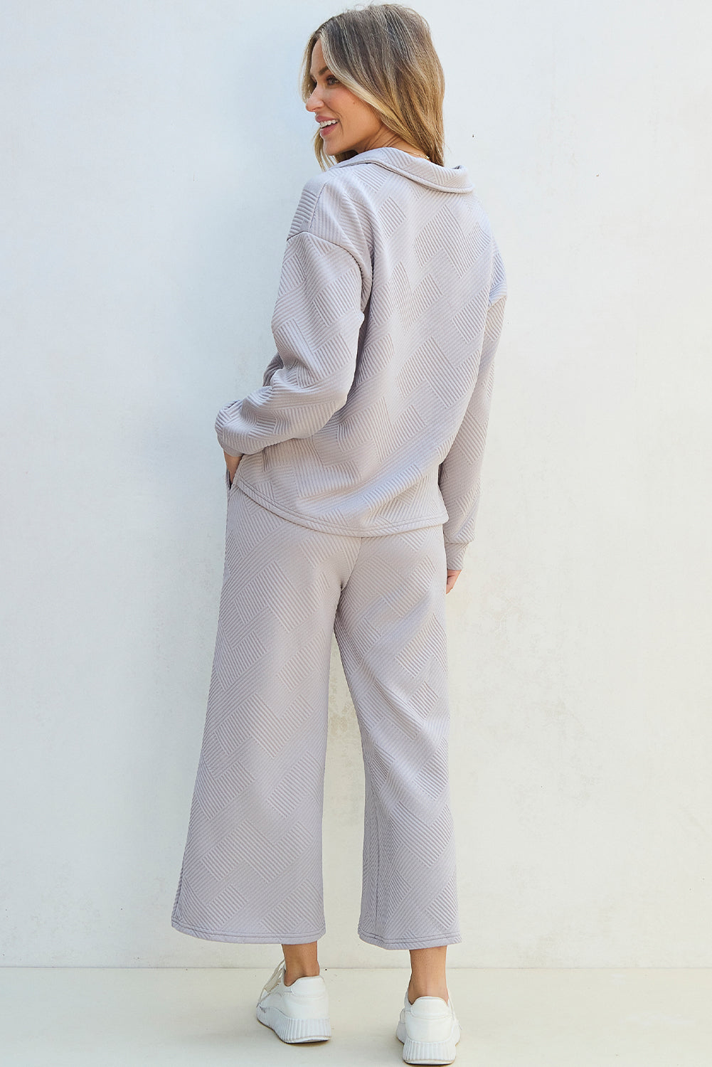 Zainab Textured Collared V Neck Top and Wide Leg Pants Set