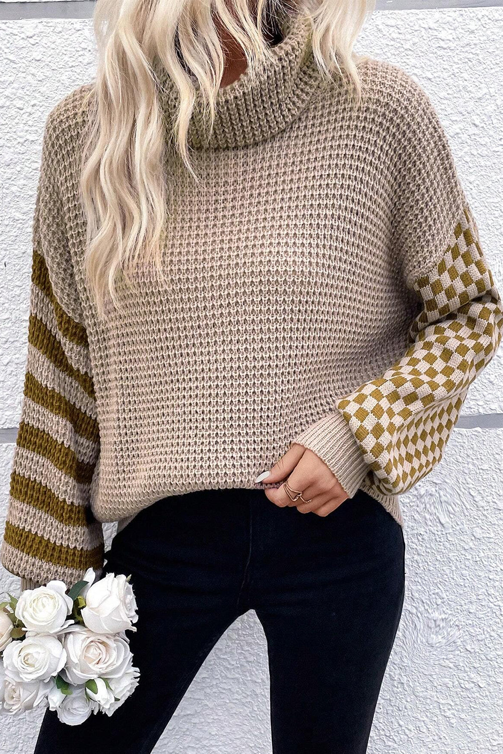 Naylah Striped Patchwork Knit Turtleneck