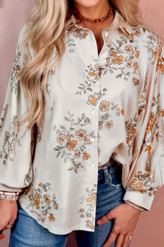 Shameema Floral Printed Silky Button Up Long Sleeve Shirt