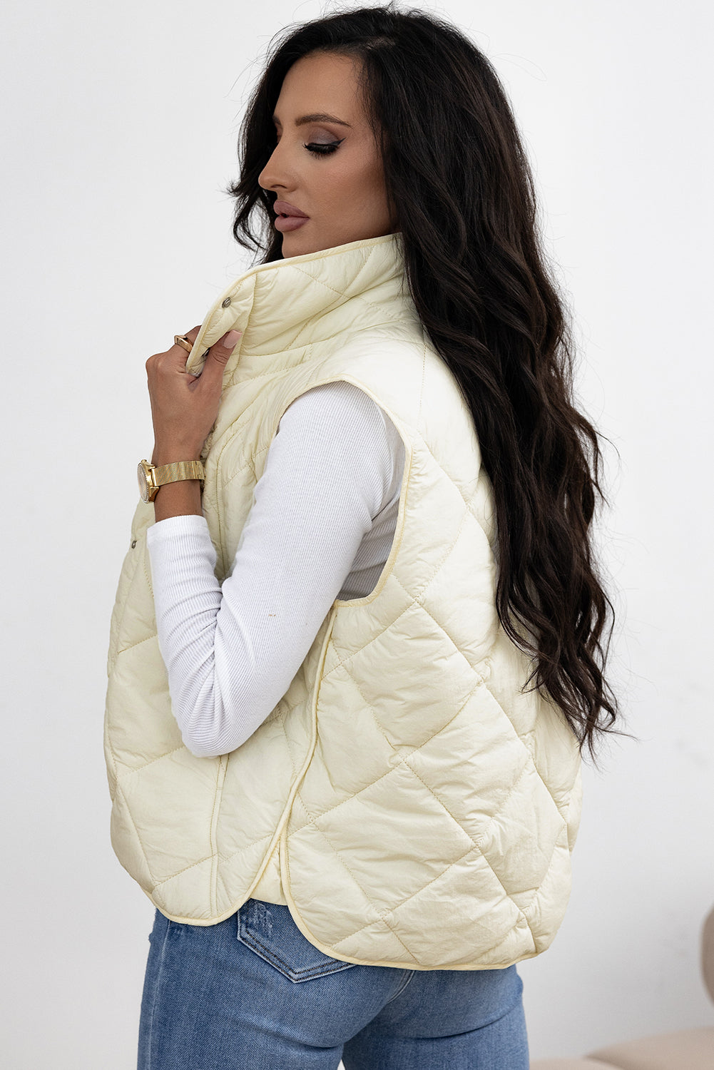 Zarina Quilted High Neck Button Up Vest Coat