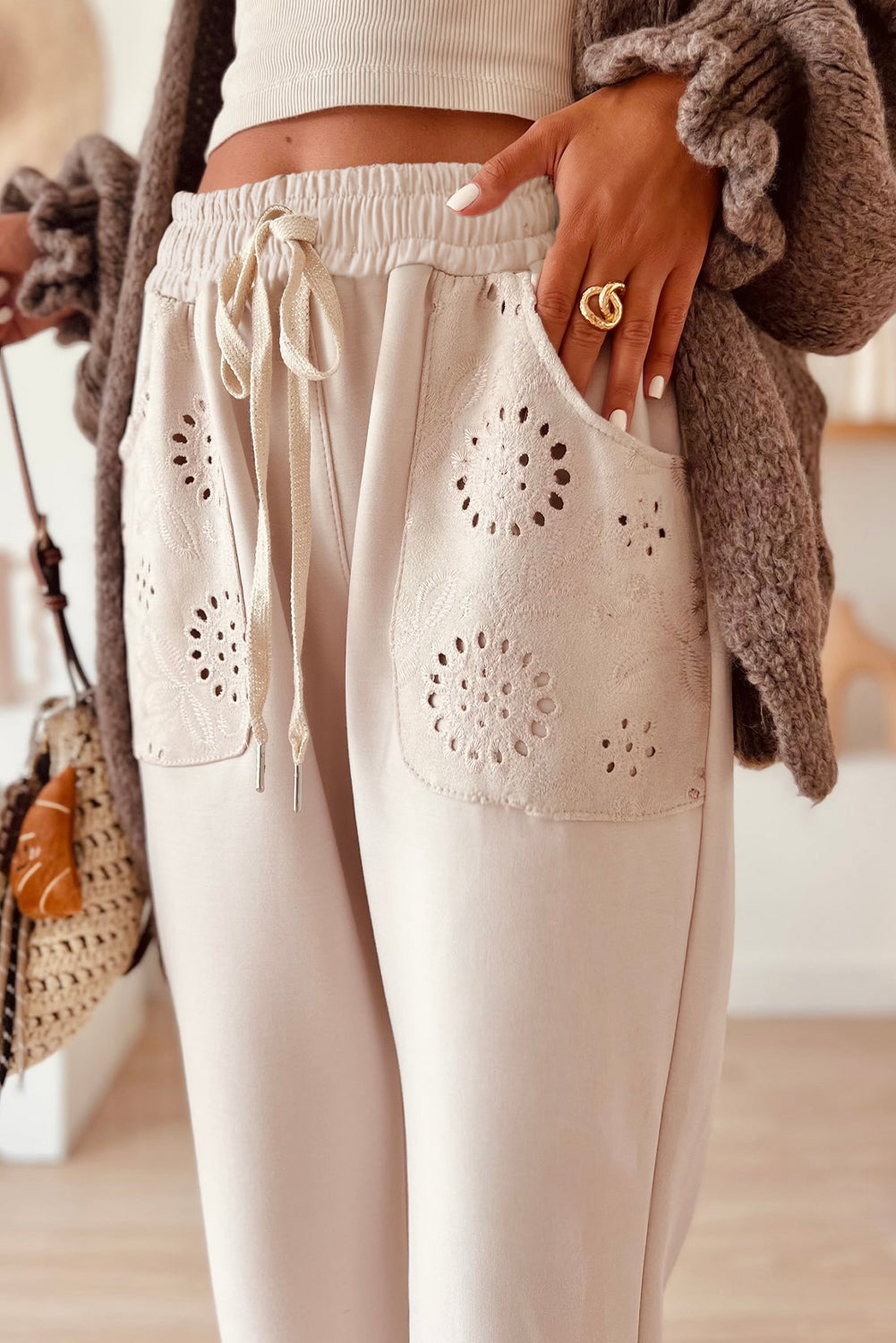 Gadijah Embroidered Patched Pockets Drawstring Pants