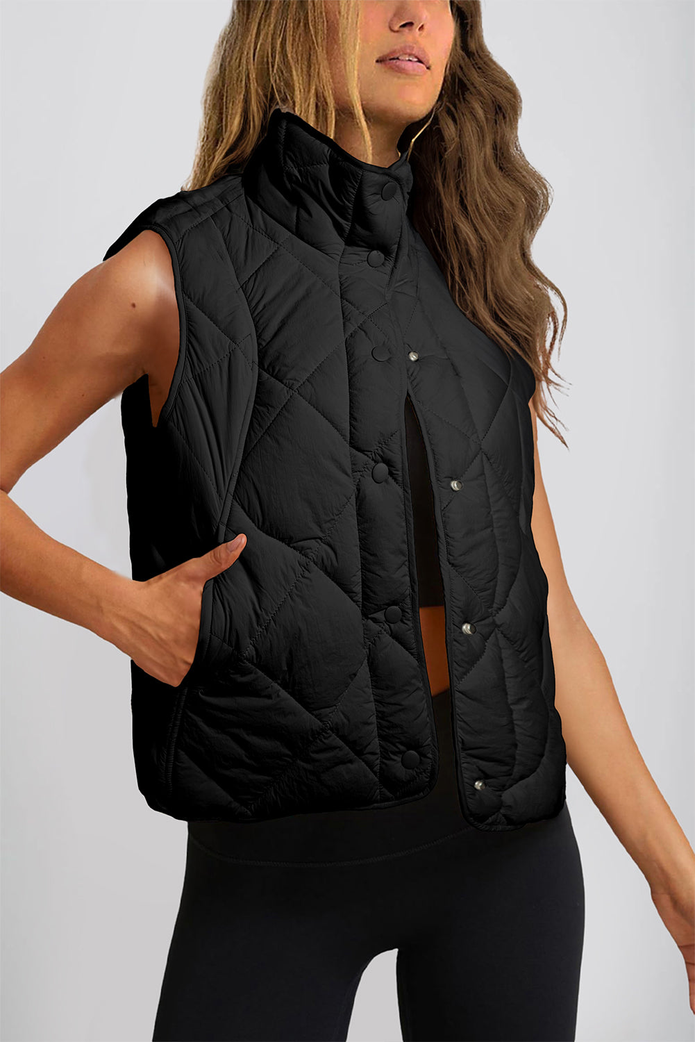 Zarina Quilted High Neck Button Up Vest Coat