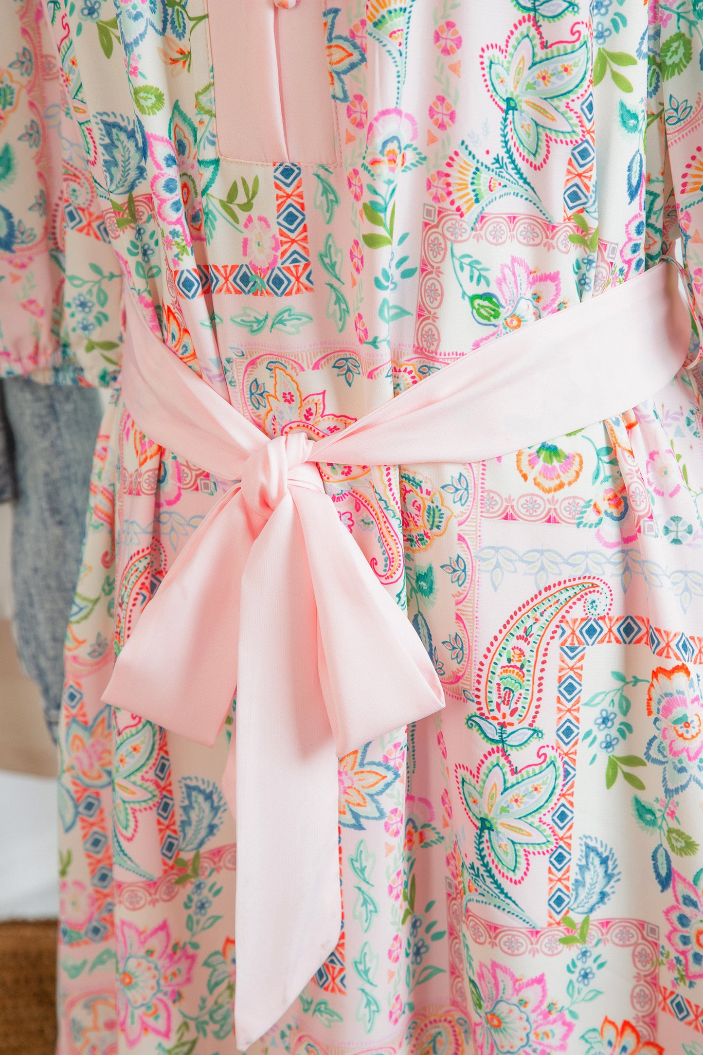 Naihla Boho Color Block Trim Half Button Belted Dress