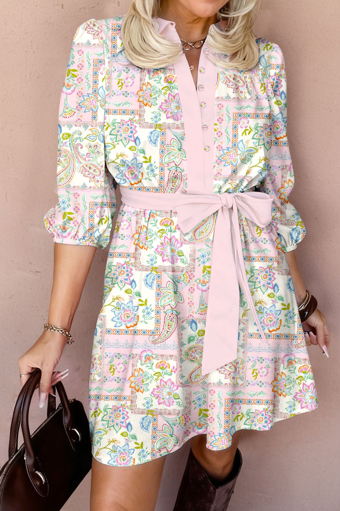 Naihla Boho Color Block Trim Half Button Belted Dress