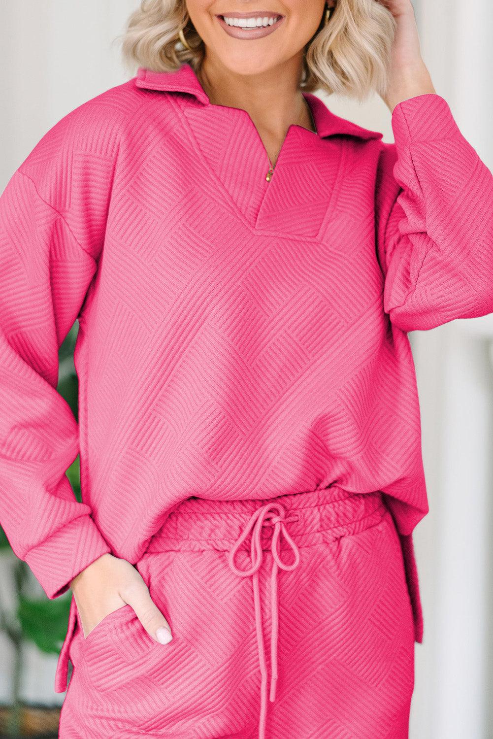 Zainab Textured Collared V Neck Top and Wide Leg Pants Set