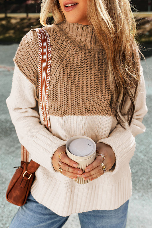 Zahra Cable Knit Color Block Side Splits High Neck Sweater