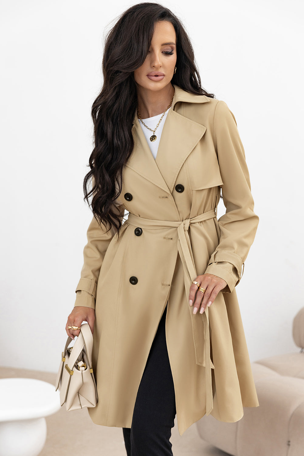 Fathima Lapel Collar Waist Wind Coat