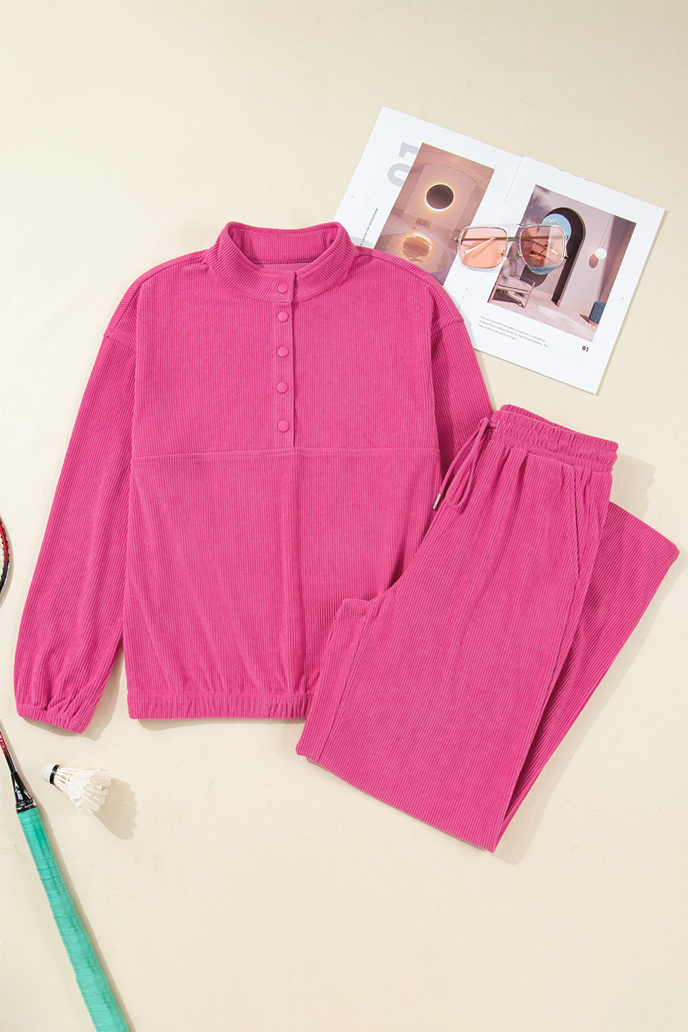 Maryam Half Button Pullover Drawstring Pants Solid Color Corduroy 2pcs Outfit